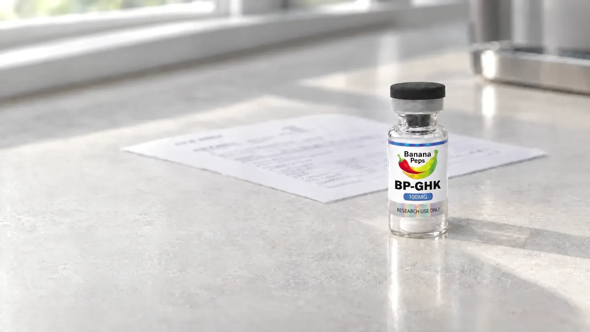 Studio photograph of a Banana Peps laboratory vial on a research document